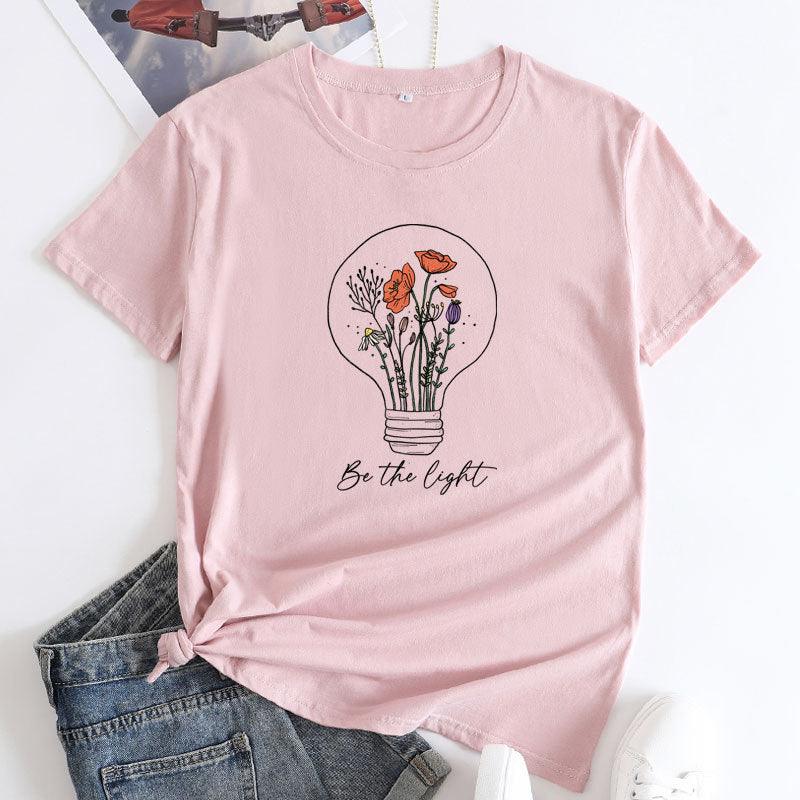 European And American Flower Light Letter Fashion Round Neck Short Sleeves T-shirt - Nioor