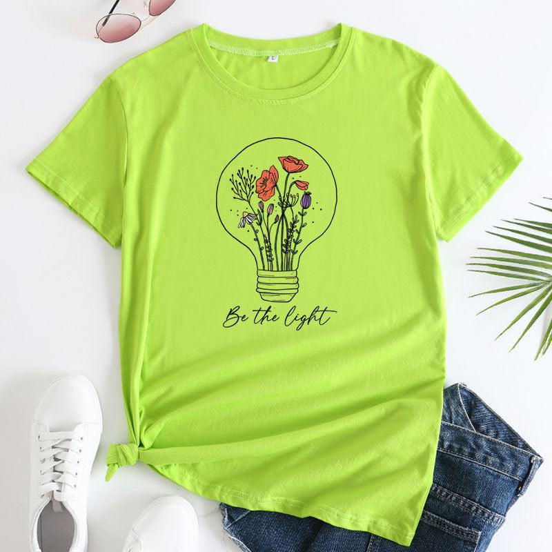 European And American Flower Light Letter Fashion Round Neck Short Sleeves T-shirt - Nioor