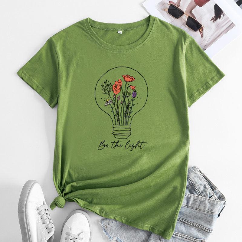 European And American Flower Light Letter Fashion Round Neck Short Sleeves T-shirt - Nioor