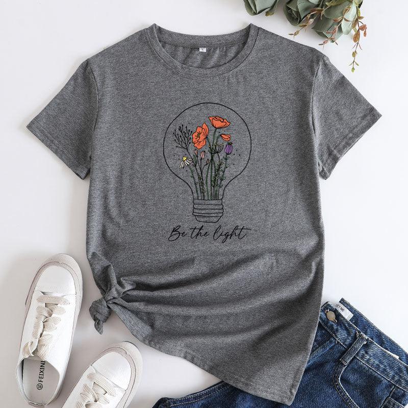 European And American Flower Light Letter Fashion Round Neck Short Sleeves T-shirt - Nioor