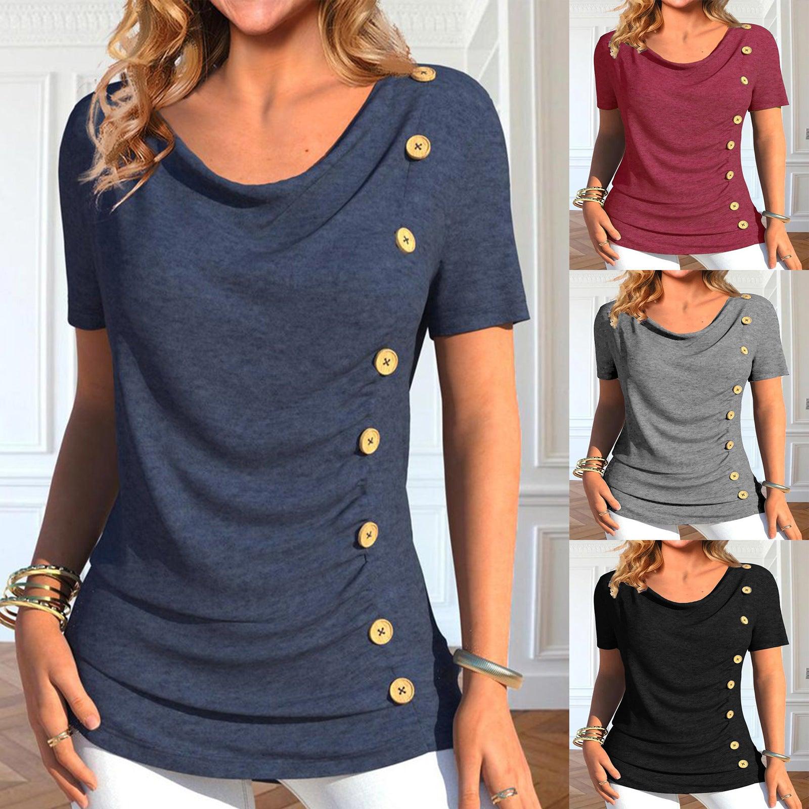 European And American Leisure Short Sleeve Button Solid Color T-shirt - Nioor