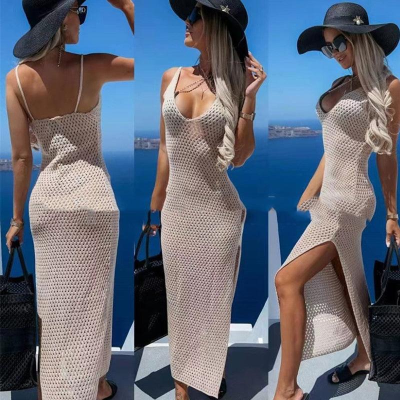 European And American New Pure Color Split Strap Backless Long Beach Dress - Nioor