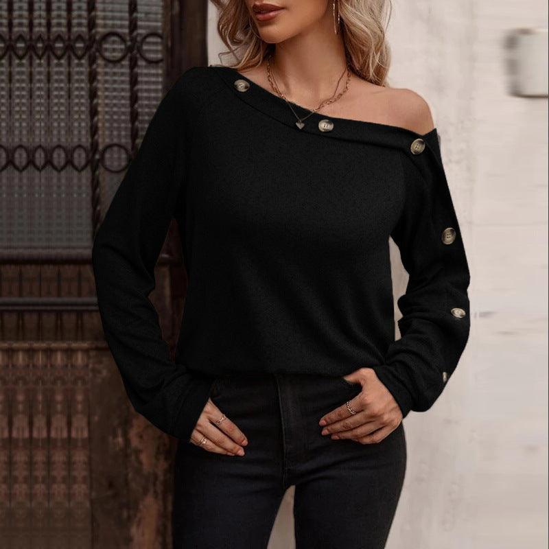 European And American New Women's Fashion Button Off Shoulder Top - Nioor