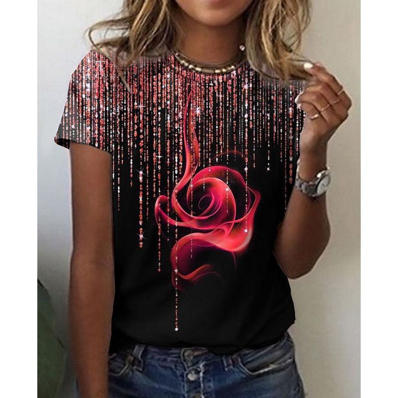 European And American Rose Print Short-sleeved Summer Women's T-shirt - Nioor