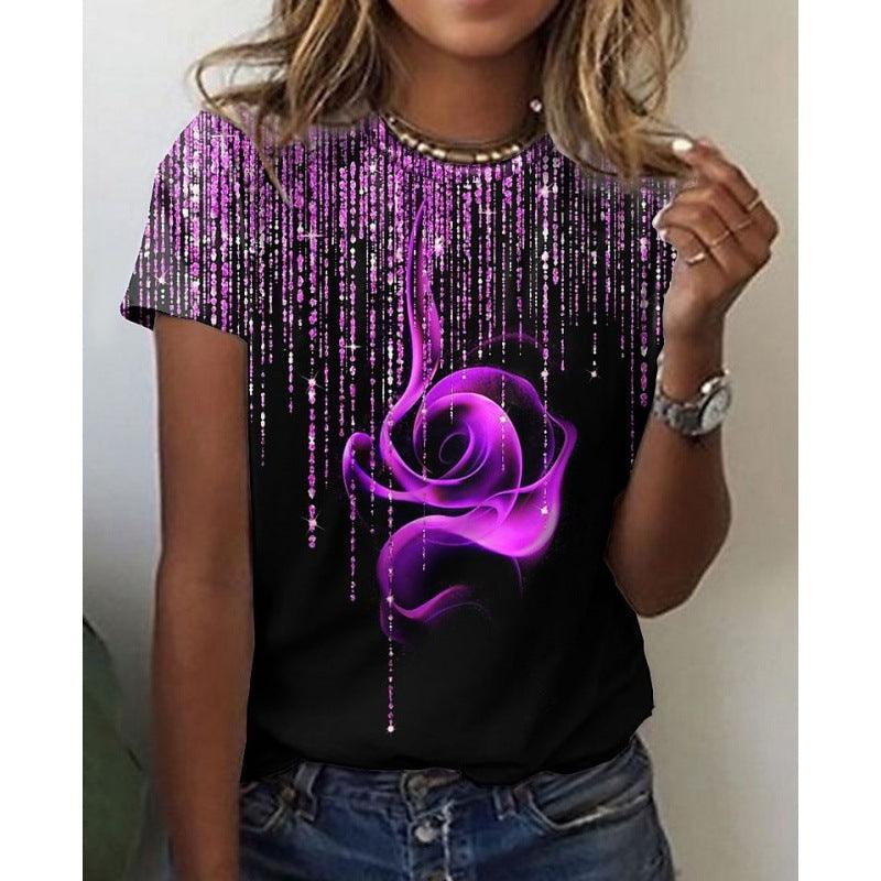 European And American Rose Print Short-sleeved Summer Women's T-shirt - Nioor