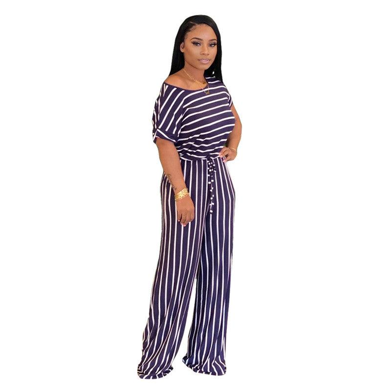 European And American Sexy Women's Loose Print Striped Jumpsuit - Nioor