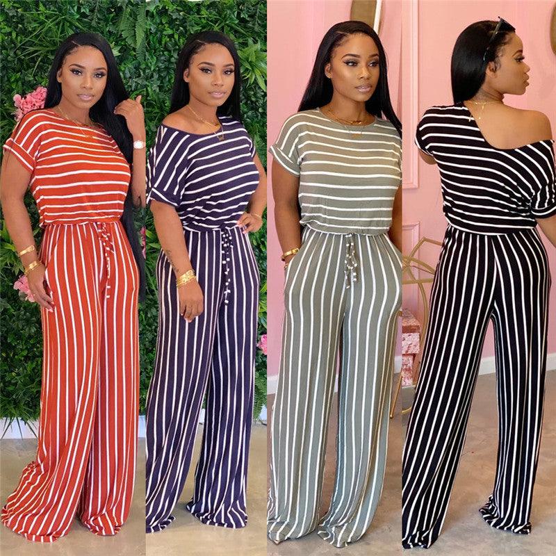 European And American Sexy Women's Loose Print Striped Jumpsuit - Nioor