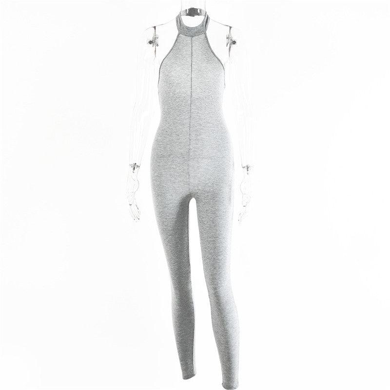 European And American Sleeveless Halterneck Slim-fit Cotton Solid Color Jumpsuit - Nioor