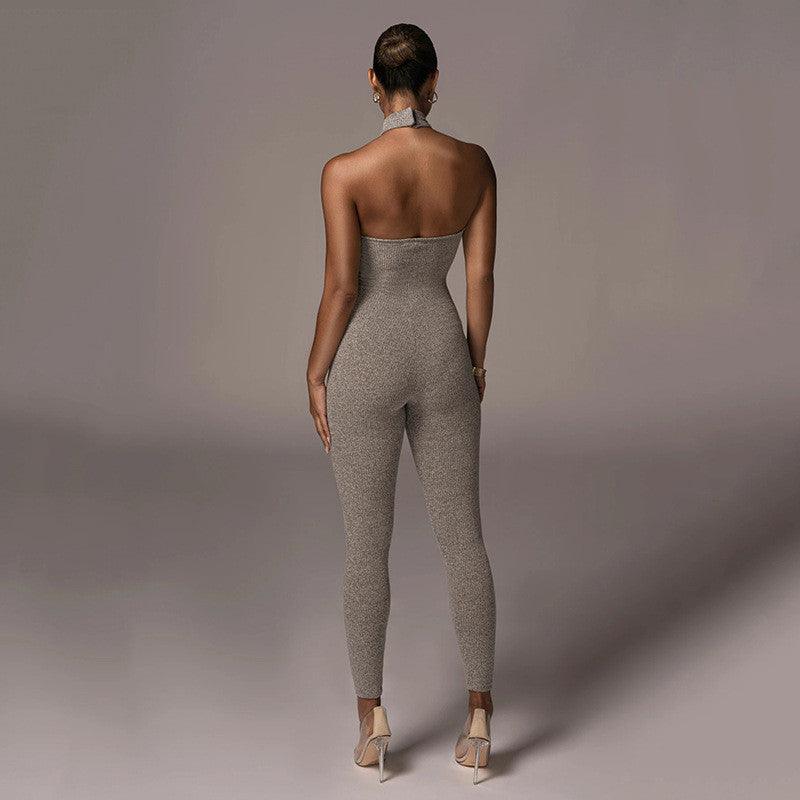 European And American Sleeveless Halterneck Slim-fit Cotton Solid Color Jumpsuit - Nioor