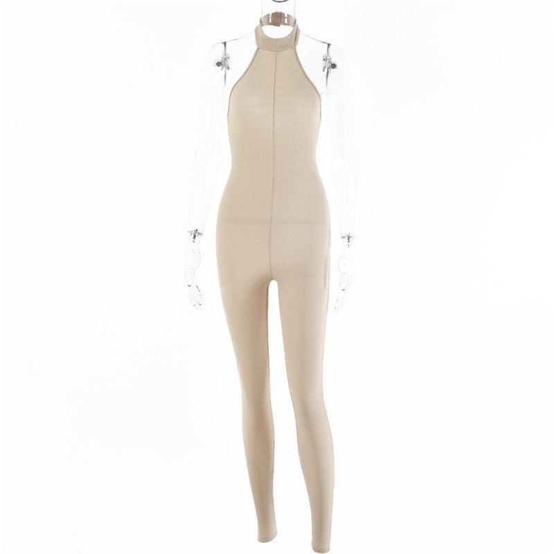 European And American Sleeveless Halterneck Slim-fit Cotton Solid Color Jumpsuit - Nioor