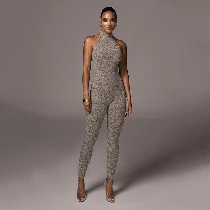 European And American Sleeveless Halterneck Slim-fit Cotton Solid Color Jumpsuit - Nioor