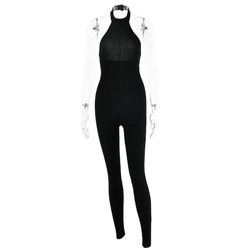 European And American Sleeveless Halterneck Slim-fit Cotton Solid Color Jumpsuit - Nioor