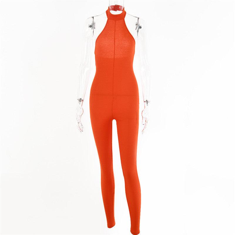 European And American Sleeveless Halterneck Slim-fit Cotton Solid Color Jumpsuit - Nioor