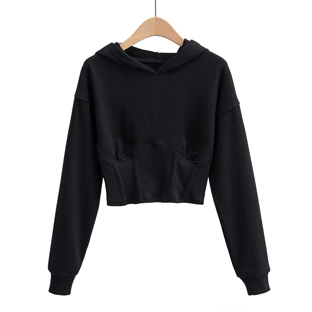 European And American Slim Fitting Navel Solid Hooded Sweater - Nioor