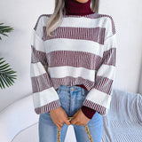 European And American Street Stripe Lantern Sleeve High Neck Bottoming Sweater - Nioor