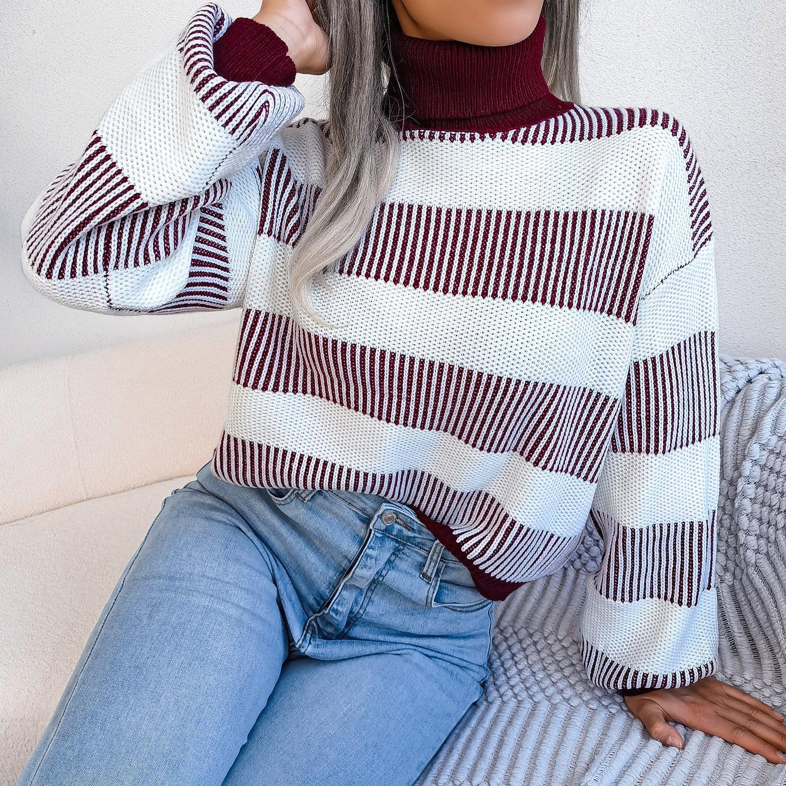 European And American Street Stripe Lantern Sleeve High Neck Bottoming Sweater - Nioor