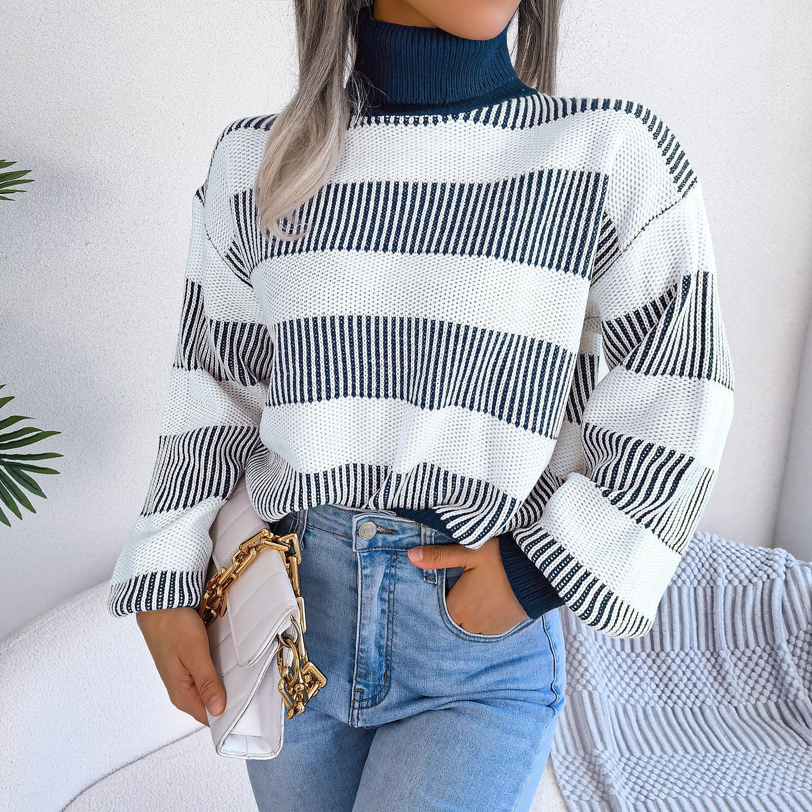 European And American Street Stripe Lantern Sleeve High Neck Bottoming Sweater - Nioor