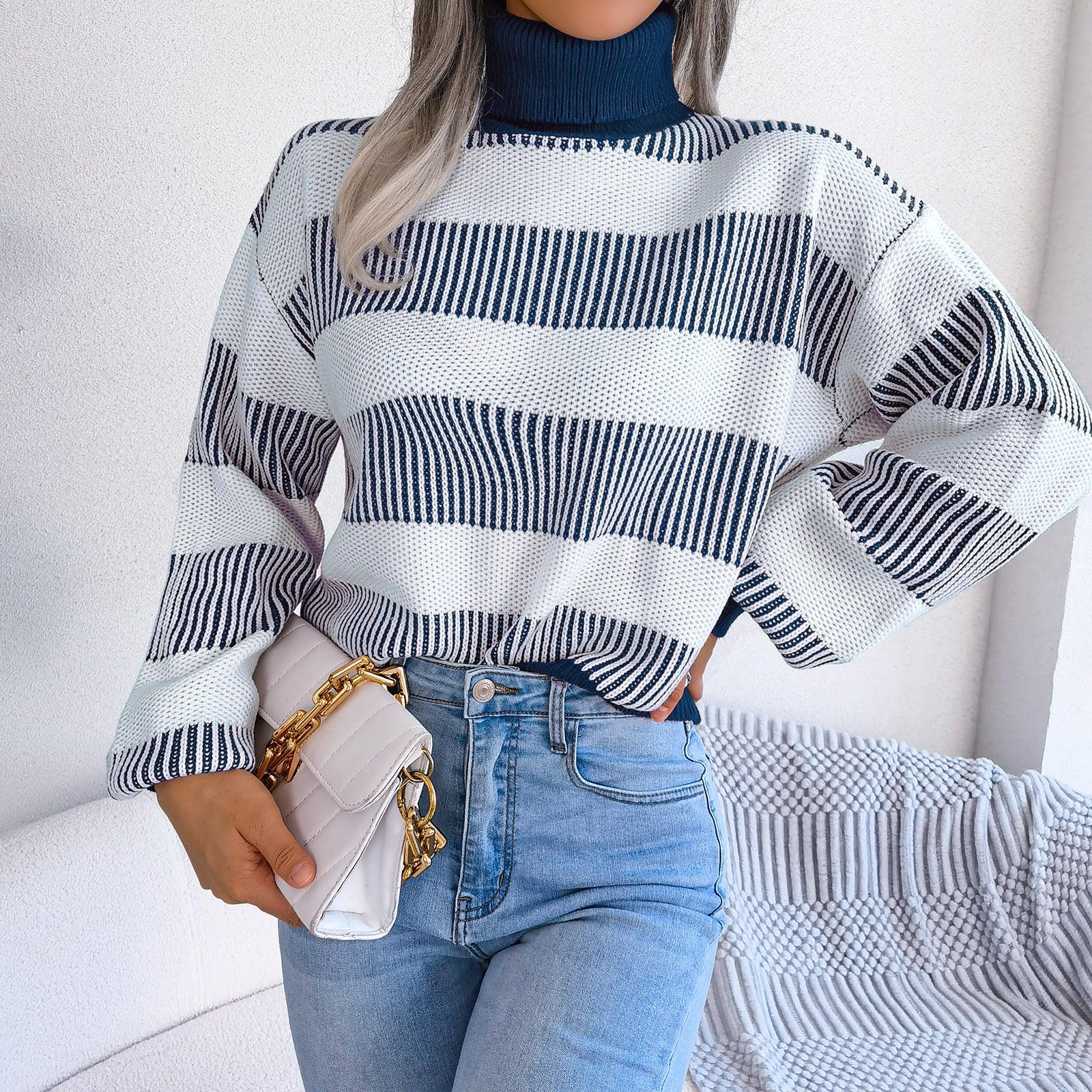 European And American Street Stripe Lantern Sleeve High Neck Bottoming Sweater - Nioor