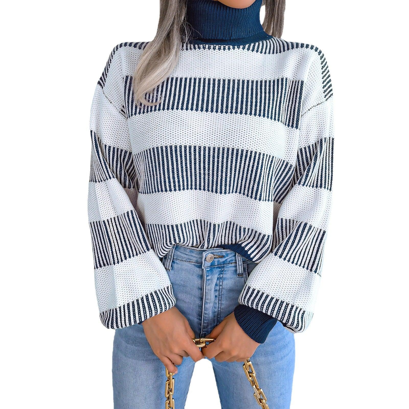 European And American Street Stripe Lantern Sleeve High Neck Bottoming Sweater - Nioor