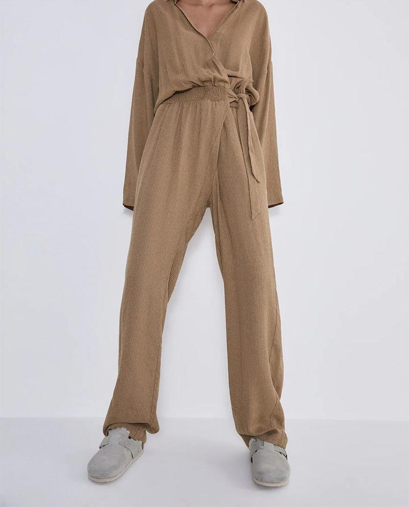 European And American Style Lapel Ladies Striped Long One-Piece Long-Sleeved Jumpsuit - Nioor