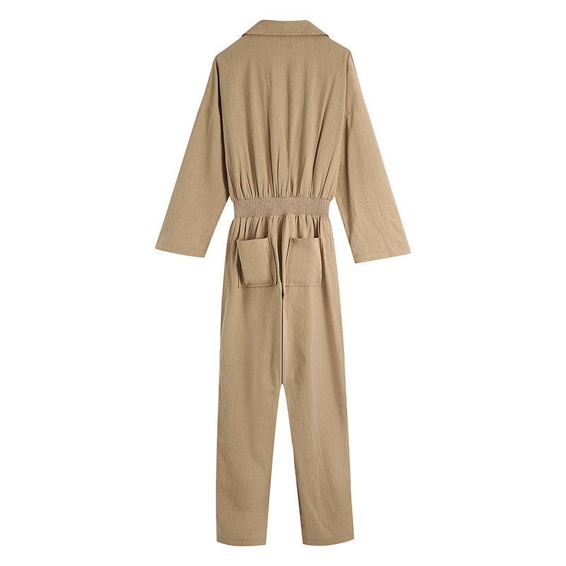 European And American Style Lapel Ladies Striped Long One-Piece Long-Sleeved Jumpsuit - Nioor