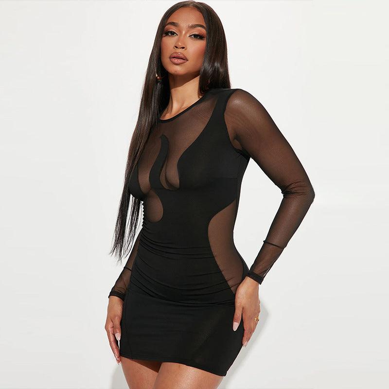 European And American Style Women's Summer New Fashion Mesh Stitching Hollow Long Sleeve Slim Dress Wholesale - Nioor