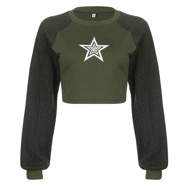 European And American Trend New Star Print Contrast Wool Raglan Sleeve Sweater - Nioor