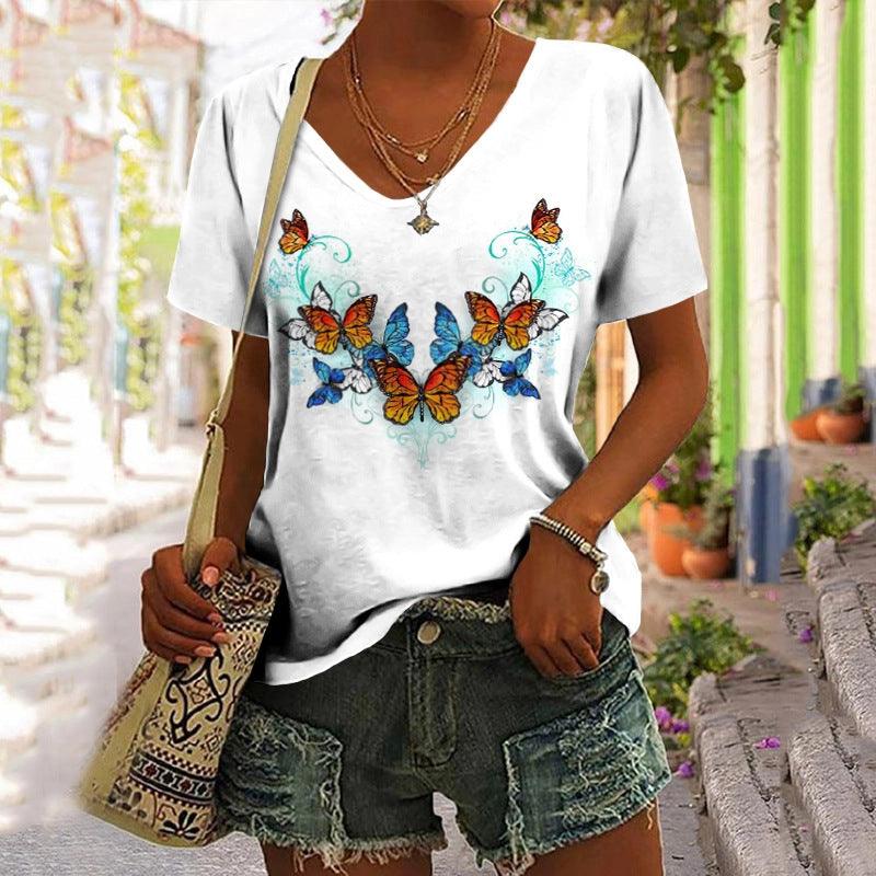 European And American Women's Clothing New Top Loose V-neck Digital Printed Short Sleeve T-shirt - Nioor