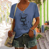 European And American Women's Clothing New Top Loose V-neck Digital Printed Short Sleeve T-shirt - Nioor