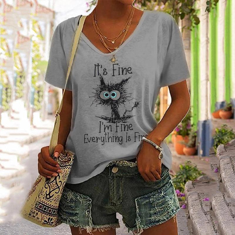 European And American Women's Clothing New Top Loose V-neck Digital Printed Short Sleeve T-shirt - Nioor