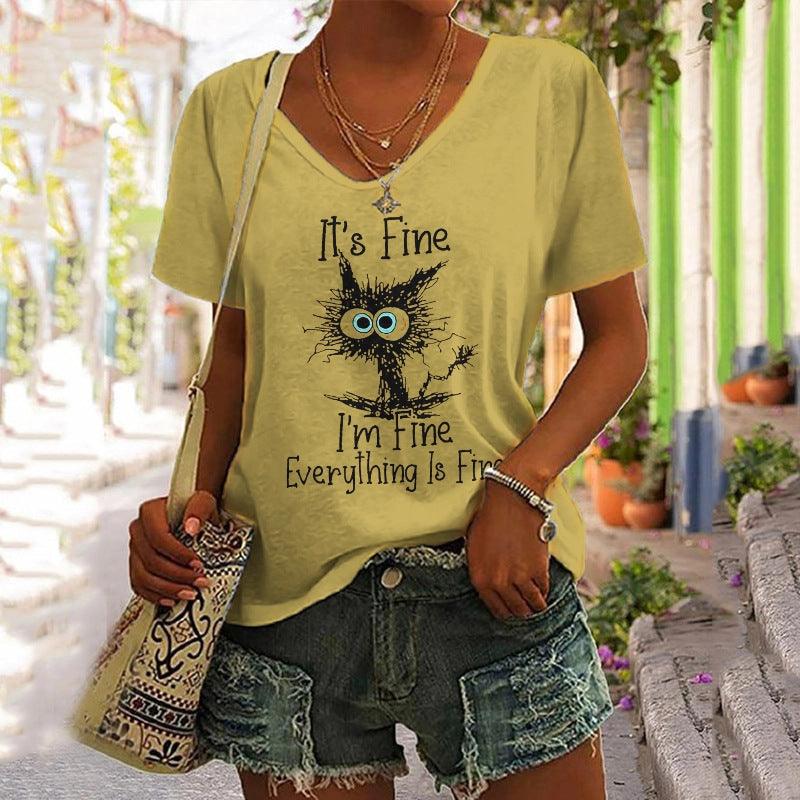 European And American Women's Clothing New Top Loose V-neck Digital Printed Short Sleeve T-shirt - Nioor