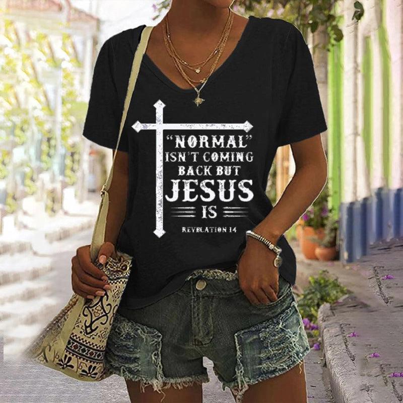 European And American Women's Clothing New Top Loose V-neck Digital Printed Short Sleeve T-shirt - Nioor