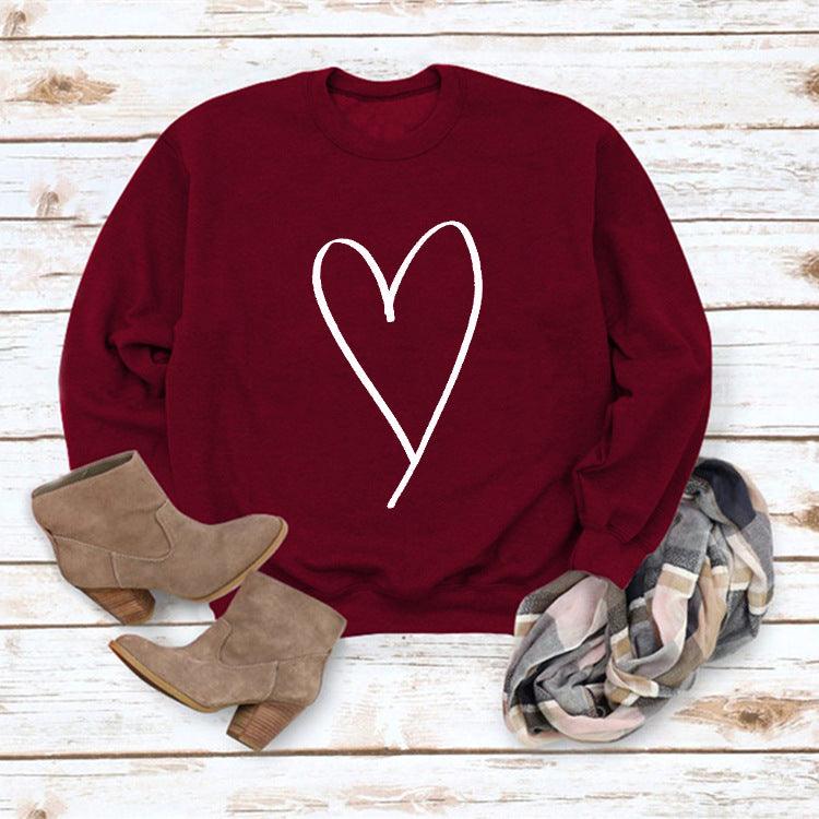 European And American Women's Clothing Top Line Love Valentine's Day Round Neck Casual Long Sleeve Sweatshirt - Nioor