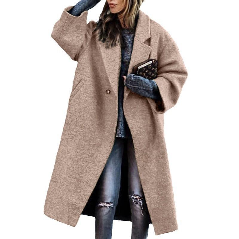 Autumn And Winter Long Woolen Color Temperament Commute No Belt Lapel Loose Woolen Green Coat - Nioor