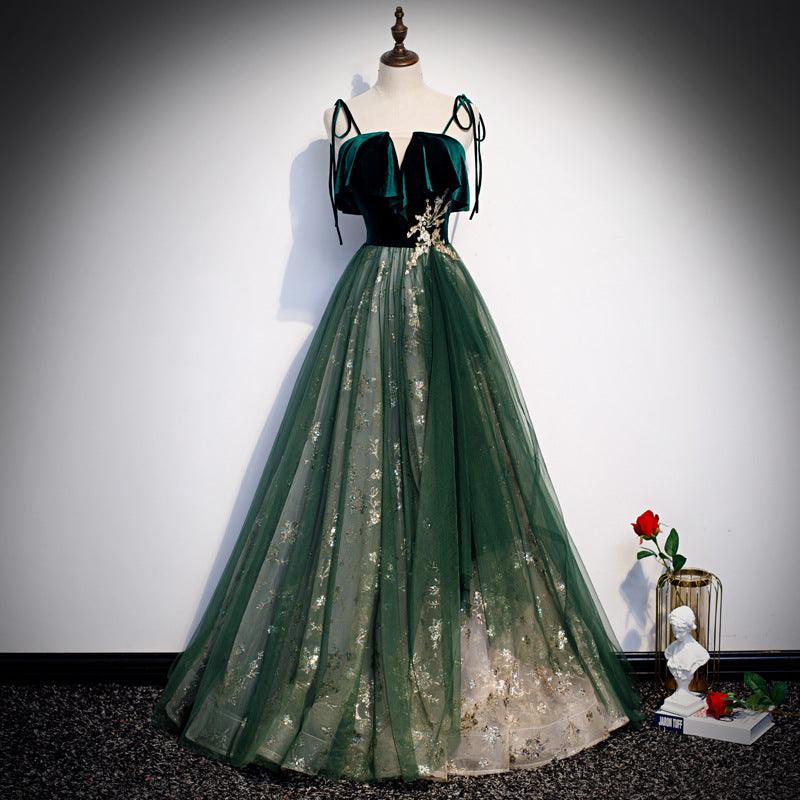 Banquet Sling Temperament Long Dress Dark Green Fantasy Mori - Nioor