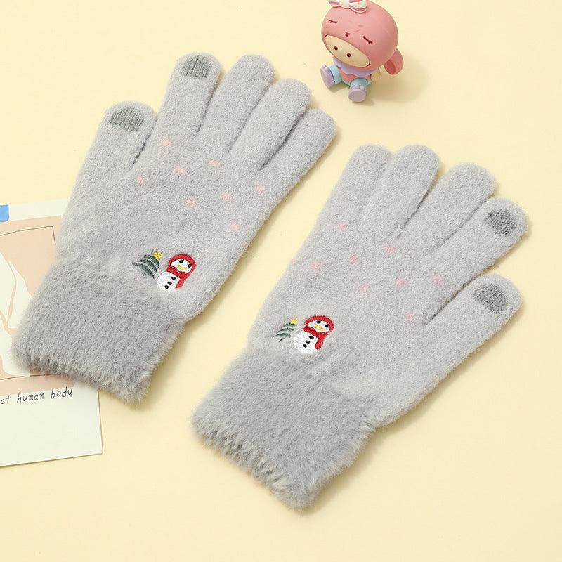 Padded And Thickened Warm Snowman Embroidered Touch Screen Gloves - Nioor