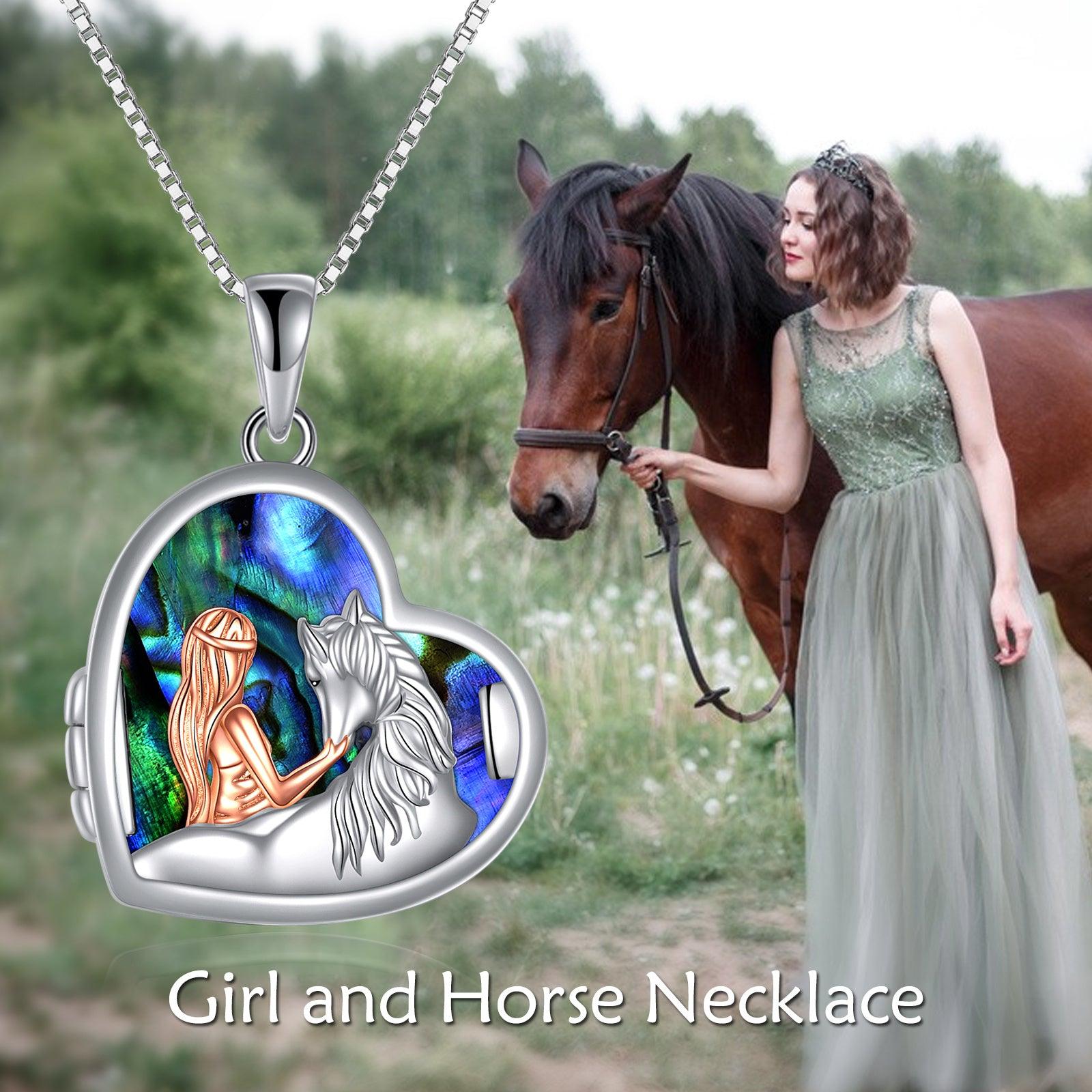 Horse and Girl Abalone Shellfish Heart Sterling Silver Photo Locket Necklace - Nioor