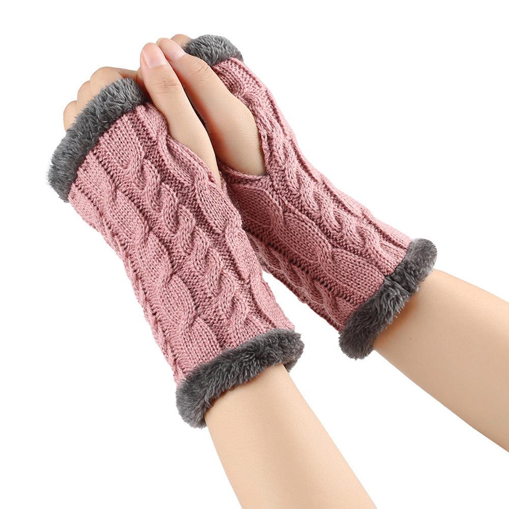 Winter Plush Gloves Twist Knitted Fingerless Fleece Gloves Women Warm Thickened Woolen Gloves - Nioor