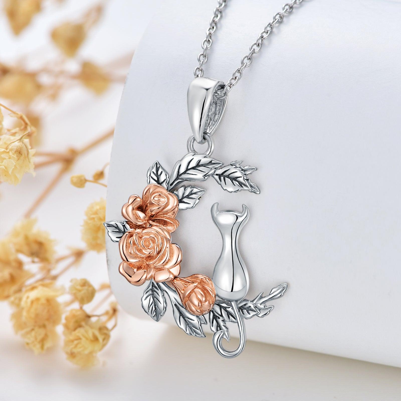 Cat Necklace Cat Rose Jewelry for Cat Lover Sterling Silver as Gifts for Women - Nioor