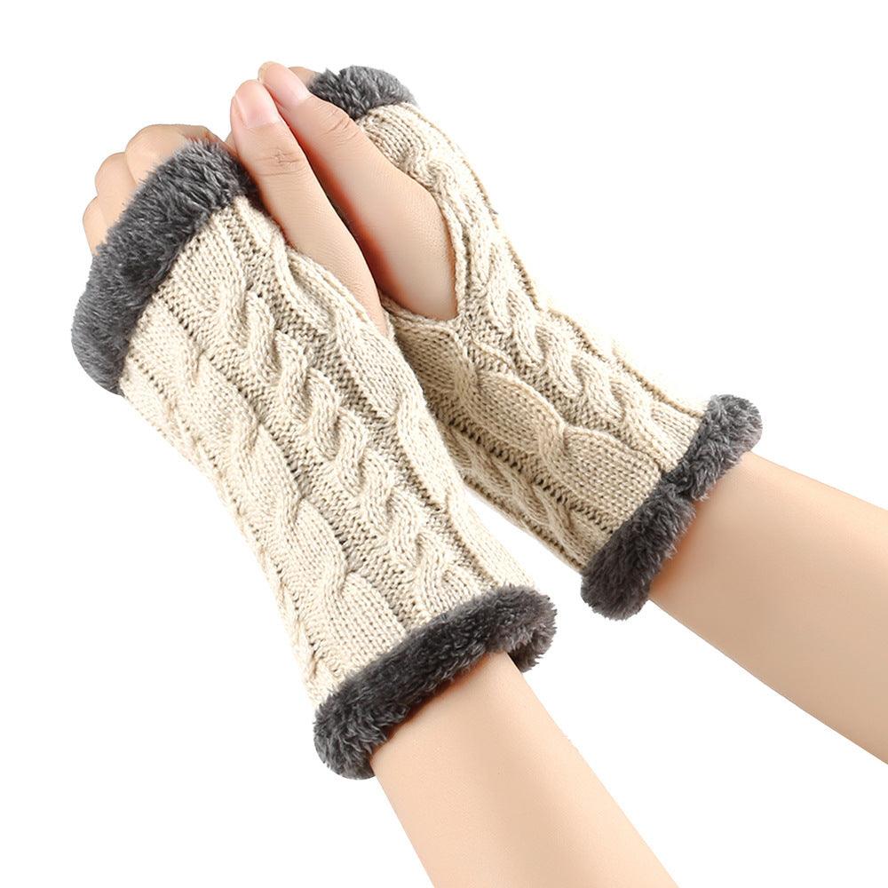 Winter Plush Gloves Twist Knitted Fingerless Fleece Gloves Women Warm Thickened Woolen Gloves - Nioor