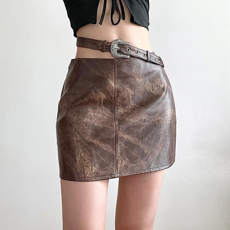 Women's Fashion Brown Vintage Tie-dye Leather Skirt - Nioor