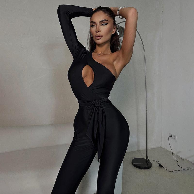 High-stretch Body-shaping Tights Female Fashion Hot Sexy Backless One Shoulder Sleeve Jumpsuit - Nioor