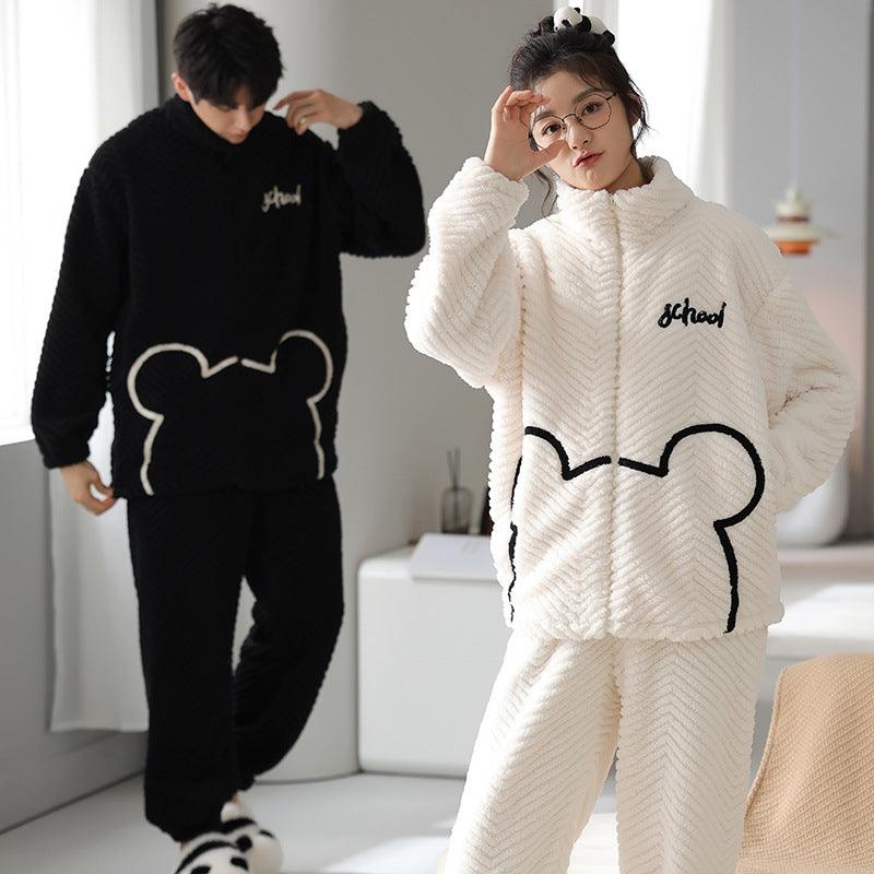 Flannel Couple Pajamas Men's Autumn And Winter Thickened Keep Warm New Zipper Cardigan Cute Coral Fleece Homewear - Nioor