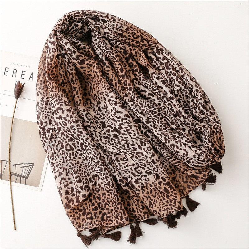 Fashion Large Leopard-print Personality Voile Silk Scarf Coffee Color Gradient Handmade Tassel Sun-proof - Nioor