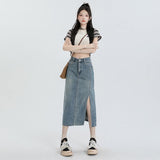 Women's Orange Silk Split Denim Skirt For Hot Girls Summer High Waist - Nioor