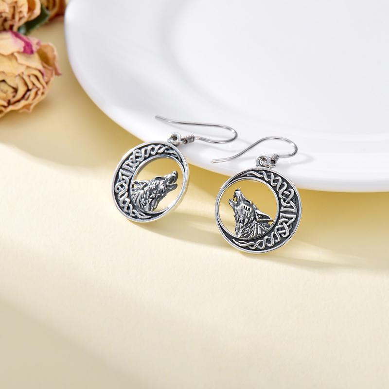 Wolf Celtic Moon Dangle Drop Earrings in Sterling Silver - Nioor