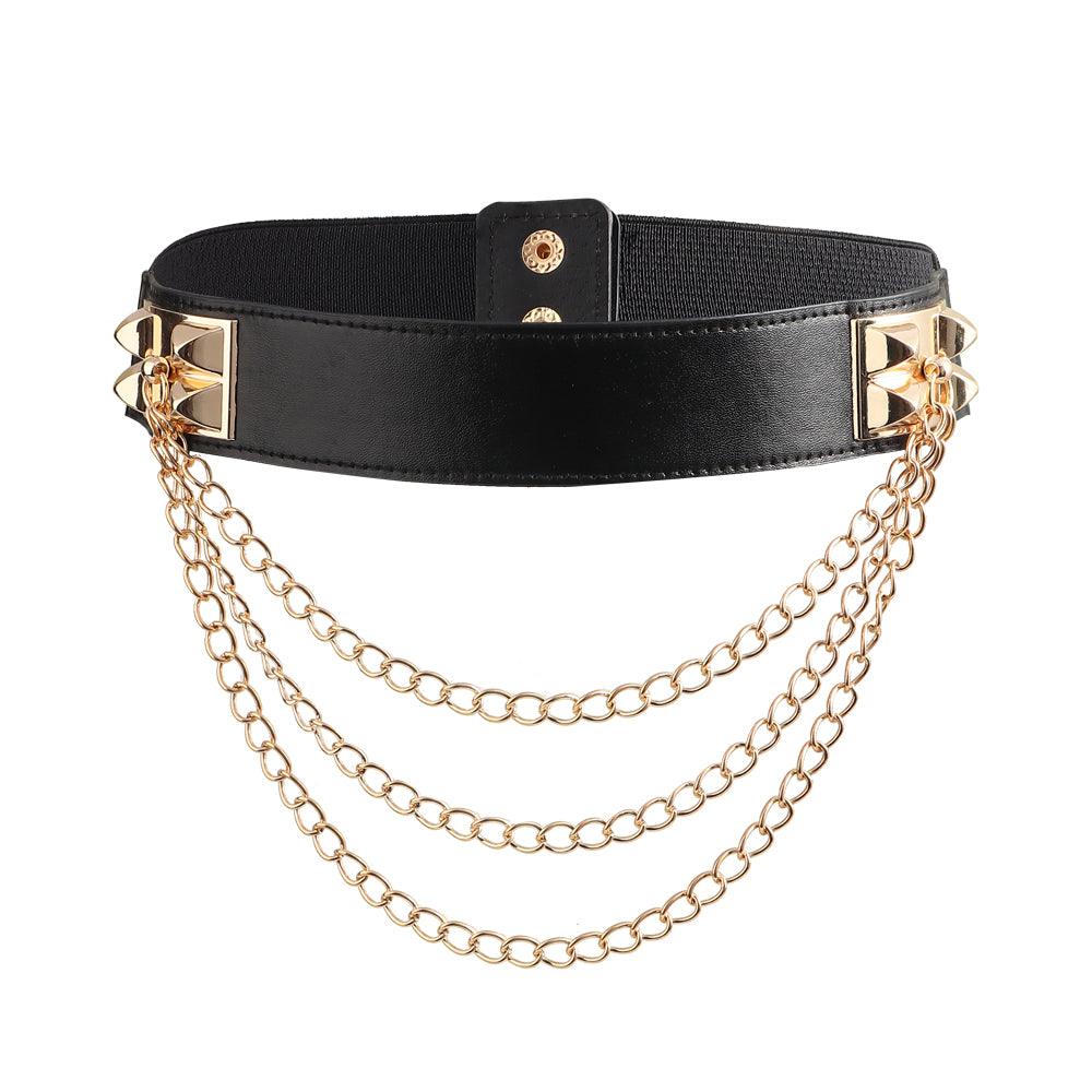 Punk Gold Rivet Chain Women's Belt Women's Elastic Stretch Wide Waist Corded Waist Black Slim Belt - Nioor