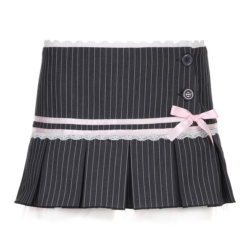 Preppy Style Cute Girl Striped Lace Bow Pleated Skirt Low Waist Skirt With Lining - Nioor