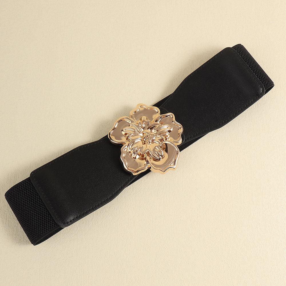 Elegant Women's Stretch Elastic Belt Metal Large Flower Needle Buckle Decorated Dress Shirt Waist Belt - Nioor