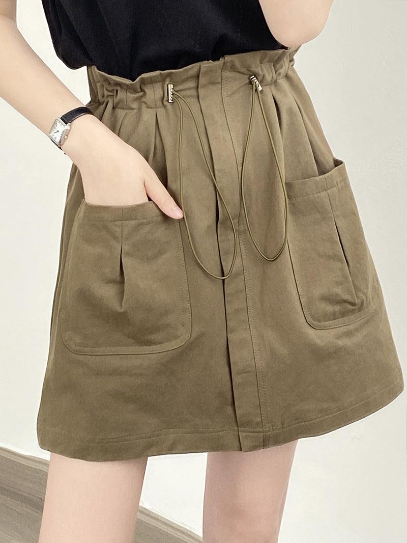 Drawstring Elastic Waist Skirt Large Workwear With Pocket Skirt - Nioor